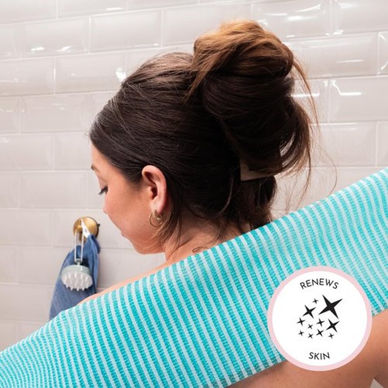 S&T INC. Back Scrubber for Shower, Exfoliating Body Scrubber or Bath Exfoliating Towel for Skin Care, 11.8 Inches x 35.4 Inches, Assorted Stripes, 3 Pack