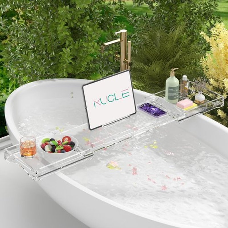 Kucle Expandable Acrylic Bathtub Tray - 23-42 Inches Bath Caddy Tray for Bathtub, Luxury Bath Tub Tray Table for Home Spa, Bath Tray for Tub, Bathroom Tub Accessory Birthday Gift for Her (Clear)