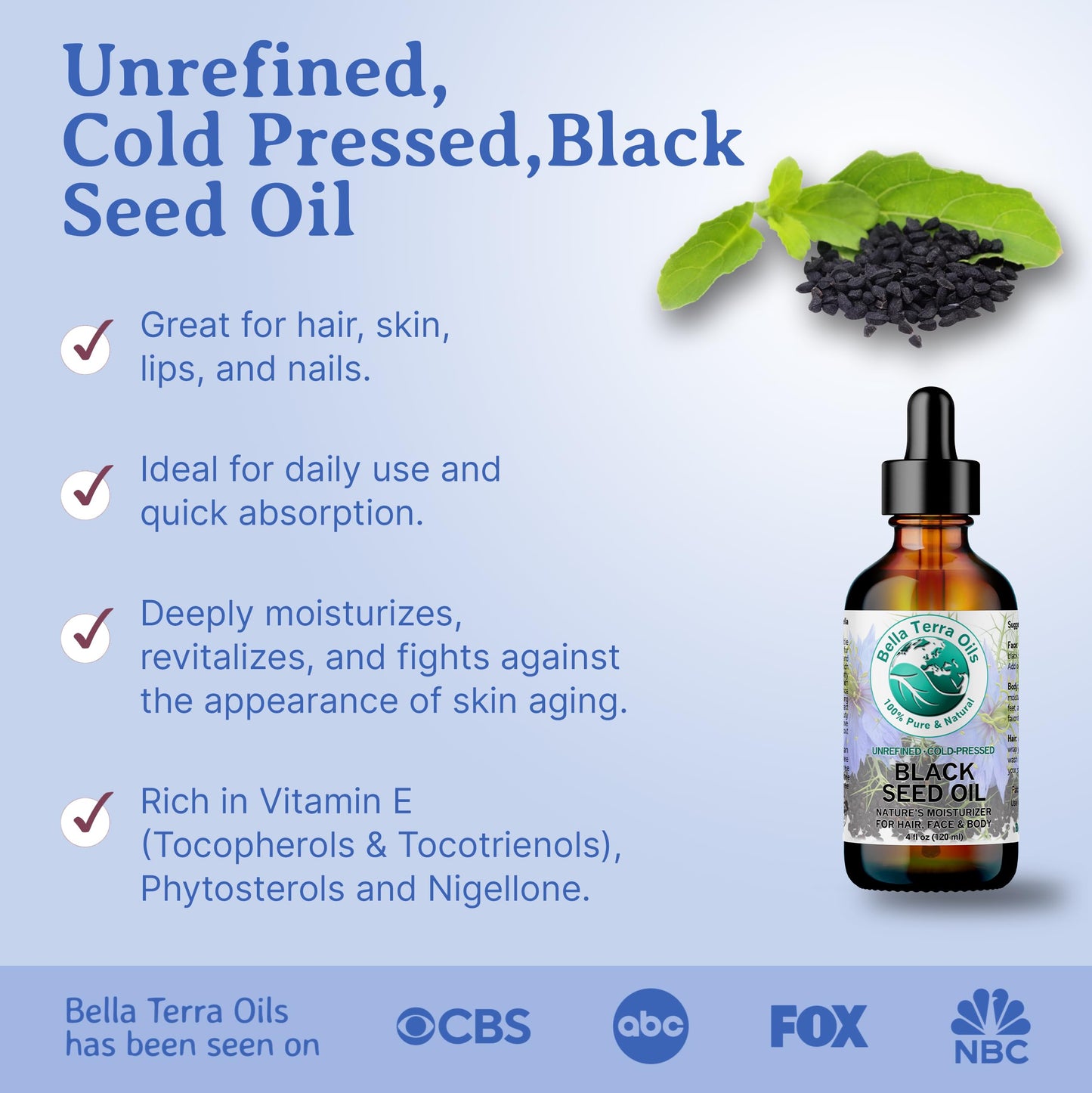 Bella Terra Oils - Black Seed Oil 4 oz - Harness the Power of Nigella Sativa, Abundant in Thymoquinone & Essential Fatty Acids, A Luxurious Addition to Your Beauty Routine