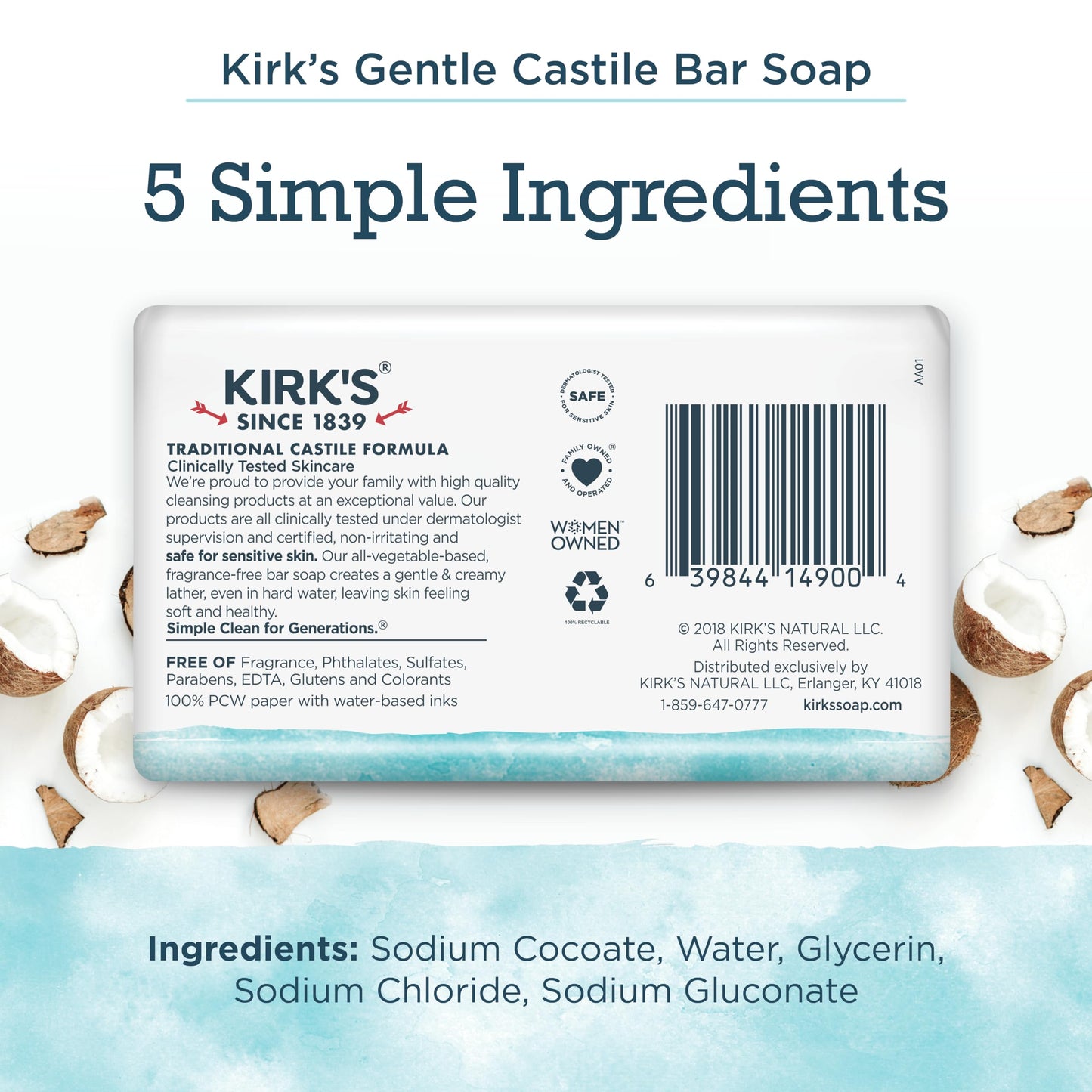 Castile Bar Soap by Kirk’s | Clean Soap for Men, Women & Children | Premium Coconut Oil | Sensitive Skin Formula, Vegan | Fragrance-Free/Unscented | 4 oz. Bars - 3 Pack