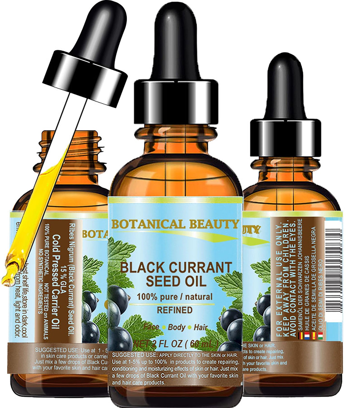 Botanical Beauty BLACK CURRANT SEED OIL 100% Pure Natural Undiluted Refined Cold Pressed Carrier Oil for Skin, Hair, Lip and Nail Care (2 Fl Oz)