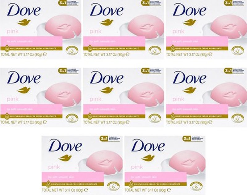 BASICOS Dove Beauty Bar Soap for Washing Hands and Body, Mild for Skin, Bulk Pack of 8 Bars- 3.15 Ouce Each. Plus 1 Loofah Sponge Pad (Pink)