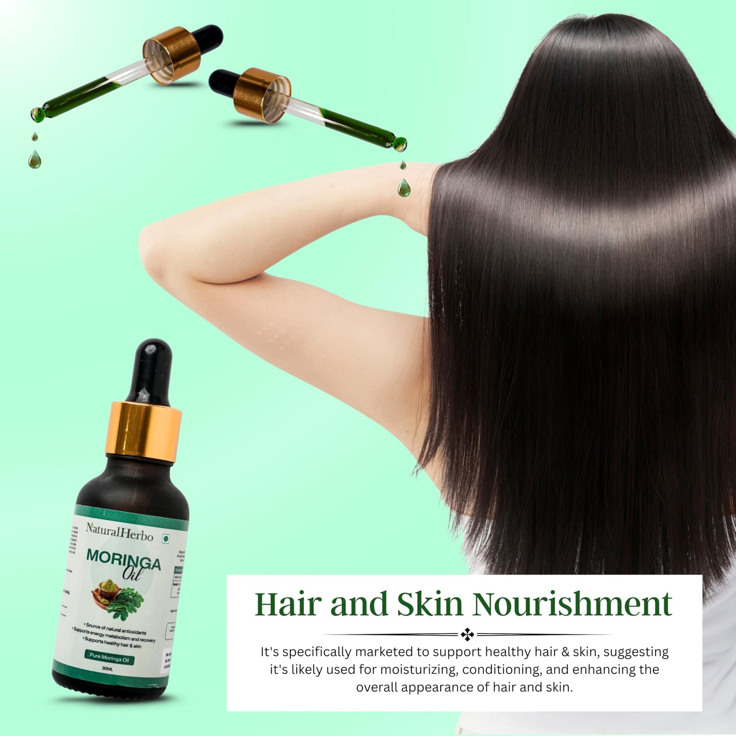 NaturalHerbo Moringa Seed Oil Pure, Cold Pressed, Oleifera Seed Oil | Behenic-Rich Herbal Oil for Skin, Hair, Scalp and Body, Fast-Absorbing Natural Moisturizer for Skin and Healthy Hair - 30 ML