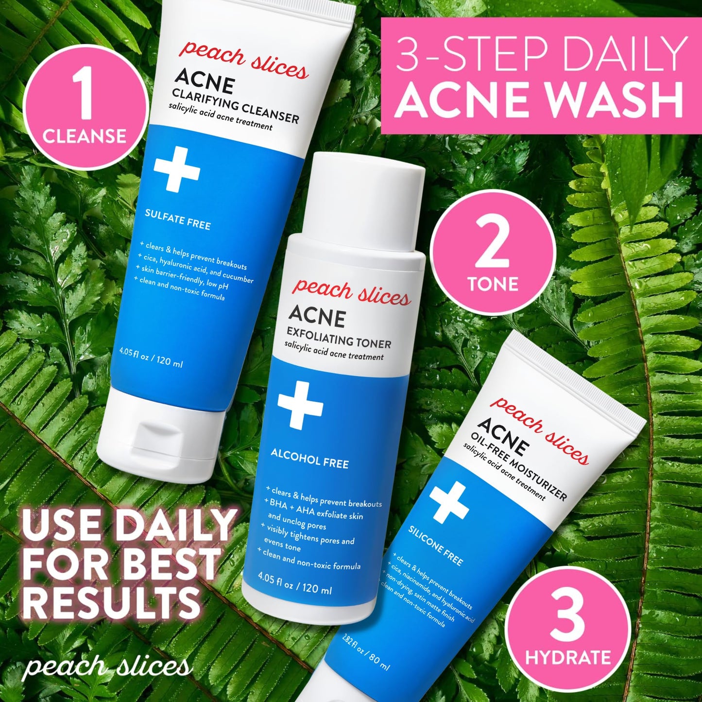 Peach Slices Acne Spot Dots, Exfoliating Toner, Clarifying Toner and Oil-Free Moisturizer Acne Fighting Bundle | Vegan and Cruelty-Free
