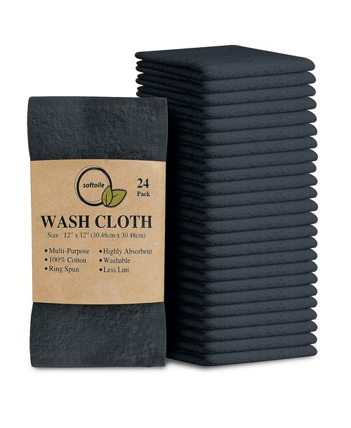 Softolle 100% Cotton Ring Spun Wash Cloths – Bulk Pack of Washcloths – 12x12 Inches – Wash Cloth for Face, Highly Absorbent, Soft and Face Towels (Grey, 24 Pack)