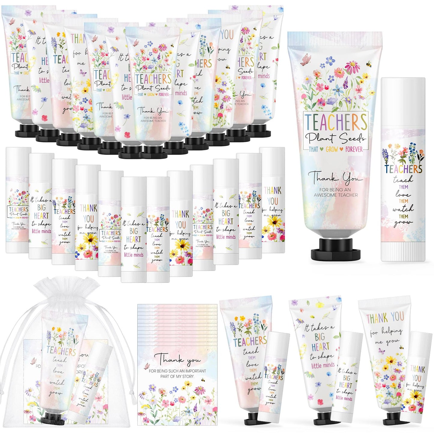 Heigble 12 Sets Wildflower Teacher Appreciation Gifts Include Hand Cream Lip Balm Bulk Organza Bags Thank You Cards, Thank You Teacher Graduation Watercolor Flowers Theme Gifts Party Favors for Women