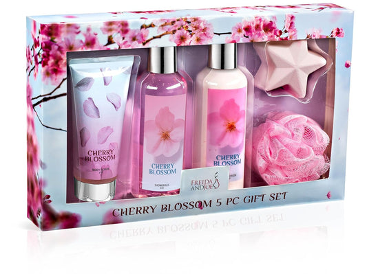 Fragrance Bath & Body Collection Gift Box - Shower Gel, Lotion, Scrub & Bath Bomb | Blue Cherry Blossom