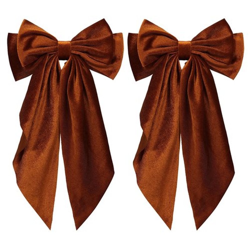 2pc Burnt Orange Velvet Ribbon Hair Bows for Women Girls Oversized Bow-knot French Barrette Hair Clips with Long Tail Hair Clamp Fall Winter Early Spring Hair Styling Accessories
