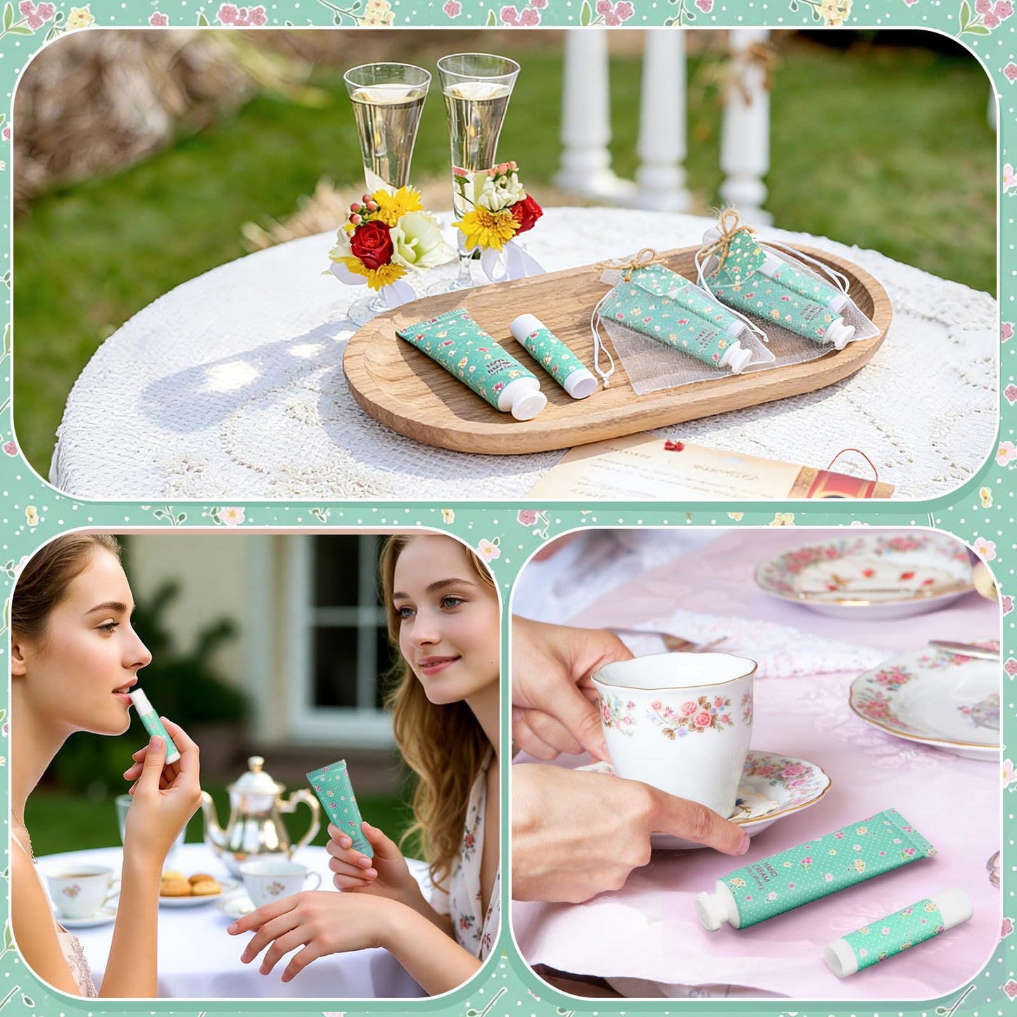 Loopeer 24 Sets / 96 Pcs Tea Party Hand Cream and Lip Balm Gift Flower Spring Party Favors for Guest Floral Flavor Travel Size Hand Lotion and Lip Balm Bulk Wedding Bridal Shower Birthday(Flower)