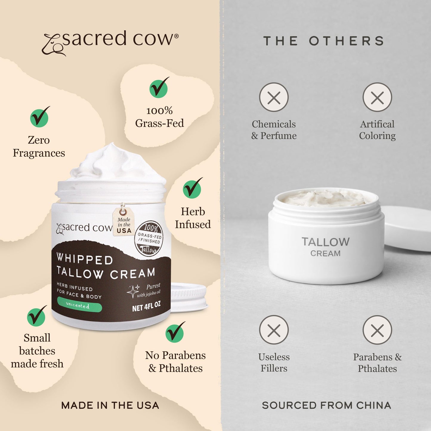 SACRED COW 100% Pure Organic Grass Fed Beef Tallow for Skin Care, Face Moisturizer, Body Butter, Hand Cream - Natural Whipped Tallow & Honey Balm Lotion Cream - Made in the USA - 4oz (UNSCENTED)
