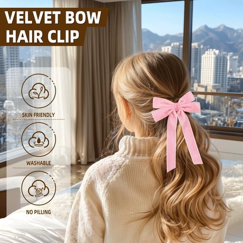 2PCS Pink Hair Bows Soft Velvet Bow Hair Clip with Long Tail Hair Accessories for Women Girls Toddlers