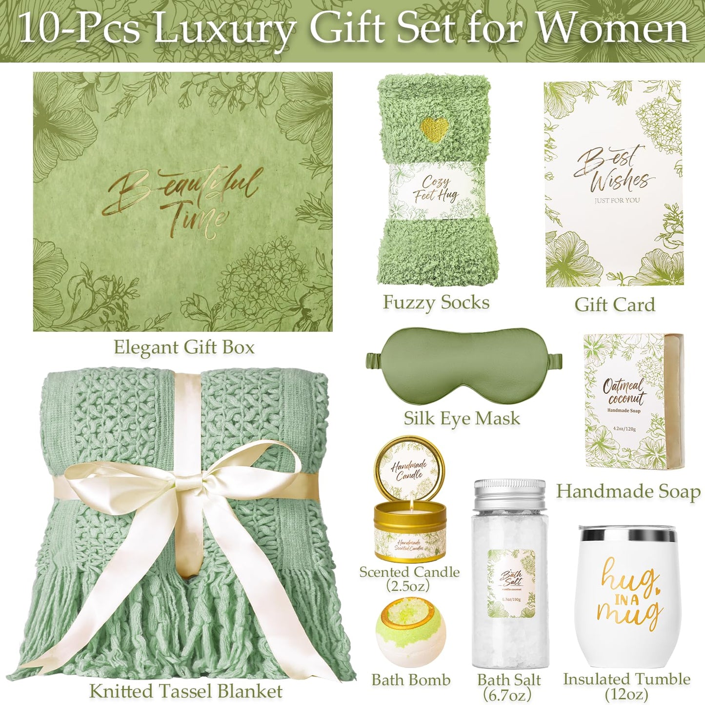 Gift Basket for Women, Self Care Set with Knitted Throw - Care Pkg - Green