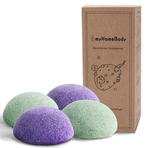myHomeBody Natural Konjac Facial Sponges - for Gentle Face Cleansing and Exfoliation (2 Lavender Purple, 2 Aloe Green)