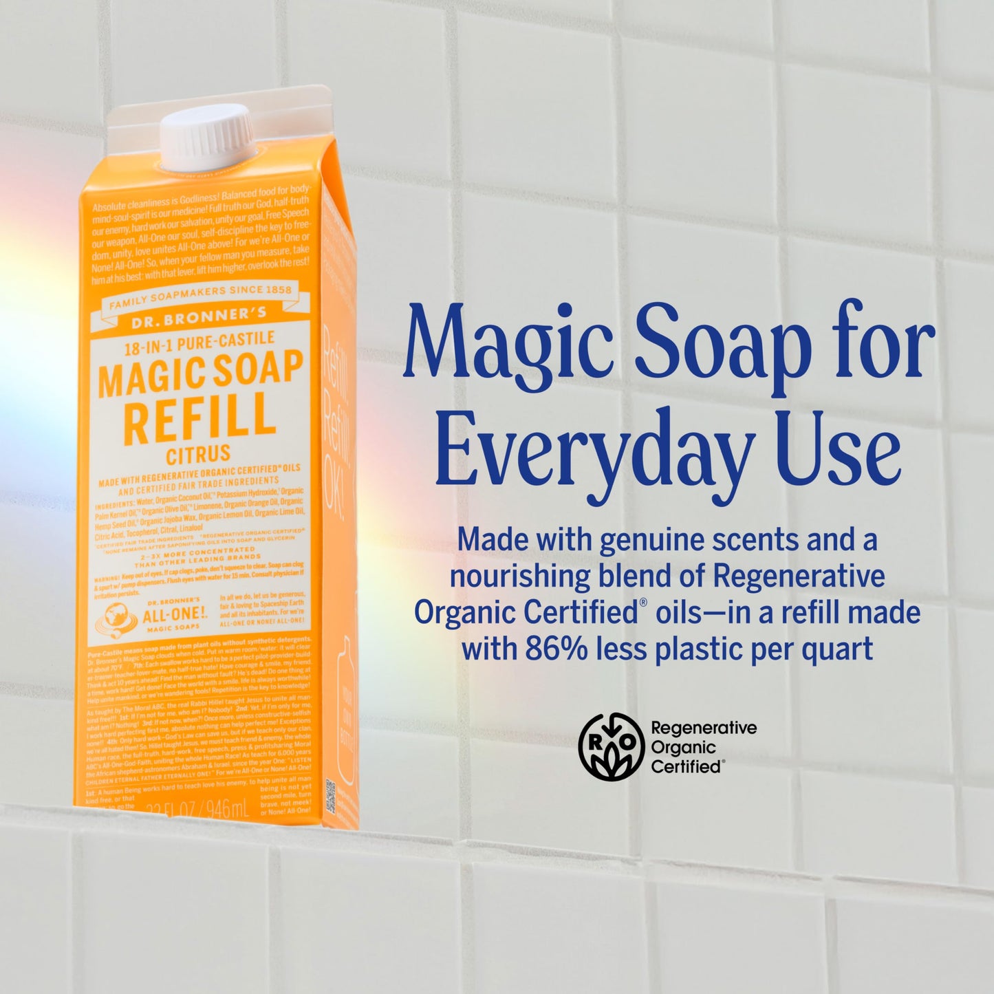 Dr. Bronner's Magic Soap-Pure-Castile Liquid Refill (Citrus, 32 ounce, 2-Pack) - Made with Regenerative Organic Certified Oils, For Body, Hair, Laundry, Pets & Dishes - Concentrated, Vegan, Non-GMO
