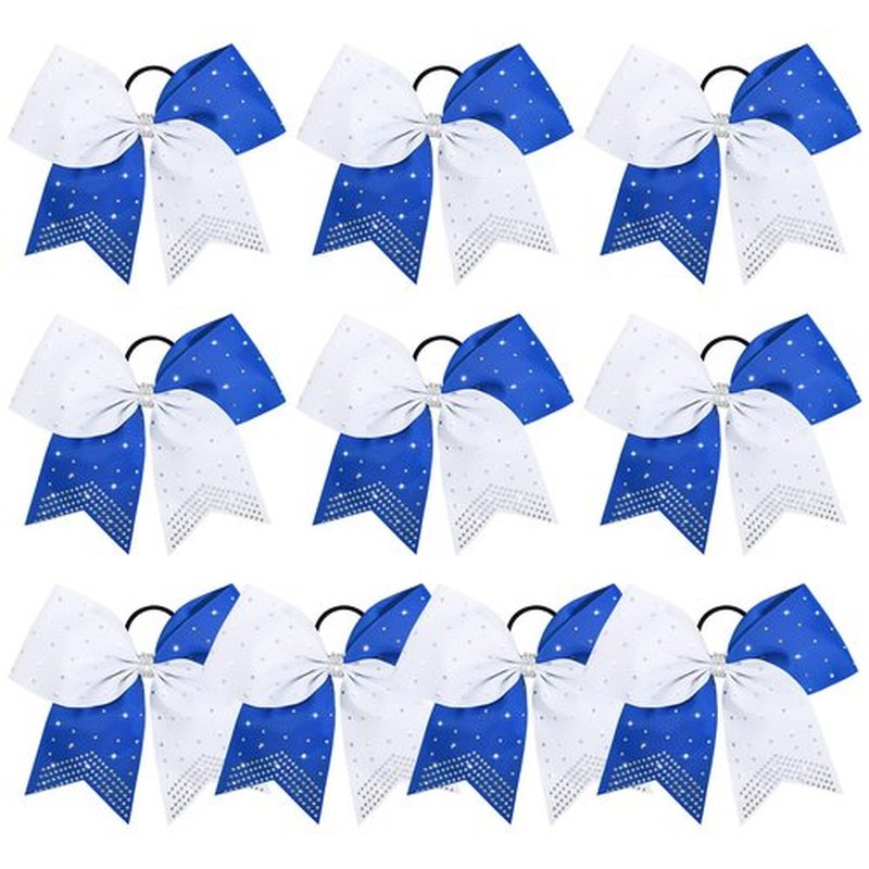 DEEKA 10 PCS Rhinestones Two Toned Large Cheer Hair Bows 7" Glitter Cheer Ponytail Holder Handmade for Teen Girls Softball Cheerleader Sports -Royal Blue/White