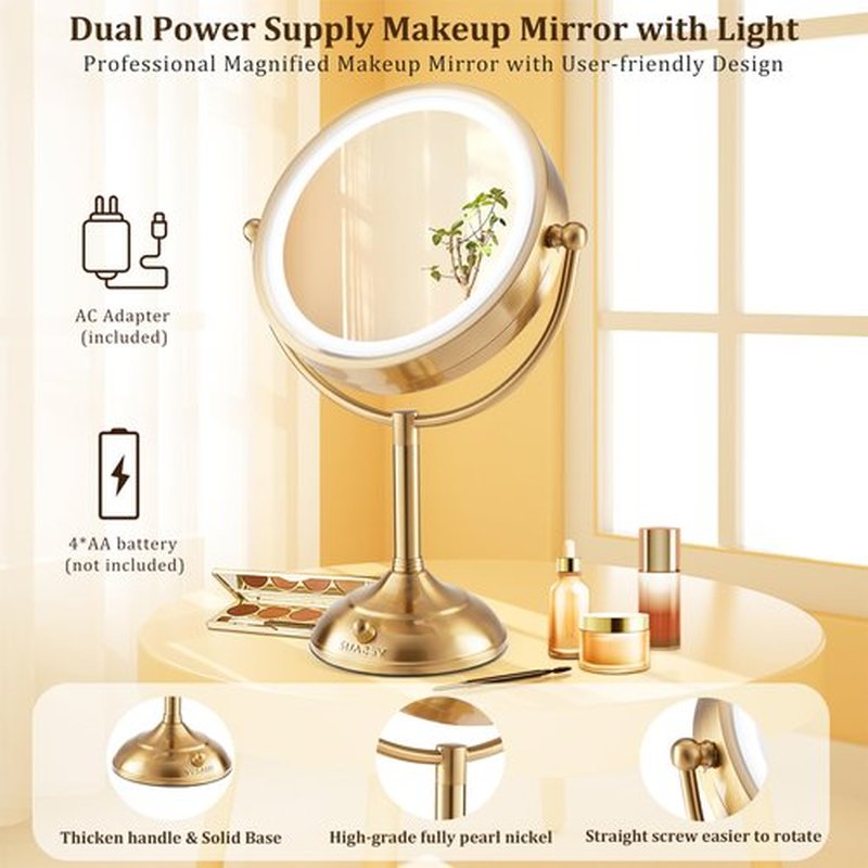 VESAUR 8.5'' Large Gold Lighted Makeup Mirror, 1X/10X Clear Seamless Magnifying Mirror, Bright Vanity Mirror with 3 Colors Dimmable Lights, Two-Sided 360°Rotation Stable Base, Luxury Nickel, Gift Box