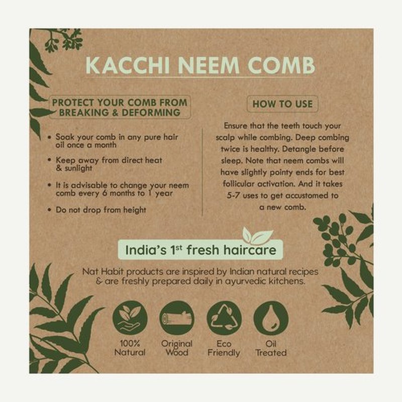 Nat Habit - Everyday Wide Tooth Wooden Kacchi Neem Comb & Hibiscus Hair Oil, With Castor, Coconut & Amla (Combo Pack Of 2)