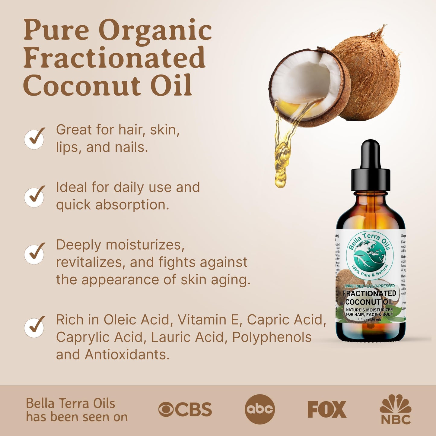 Bella Terra Oils - Liquid Natural Fractionated Coconut Oil 16oz - The Ideal Mix of MCTs & Fatty Acids, A Lustrous Elixir for Daily Skin Care