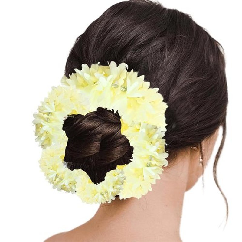 Handmade Artificial Flower Plastic Mogra Gajra Veni Garland for Hair Off White 13 Inch long Juda Bun Realistic Hair Accessory (Design 3, medium)