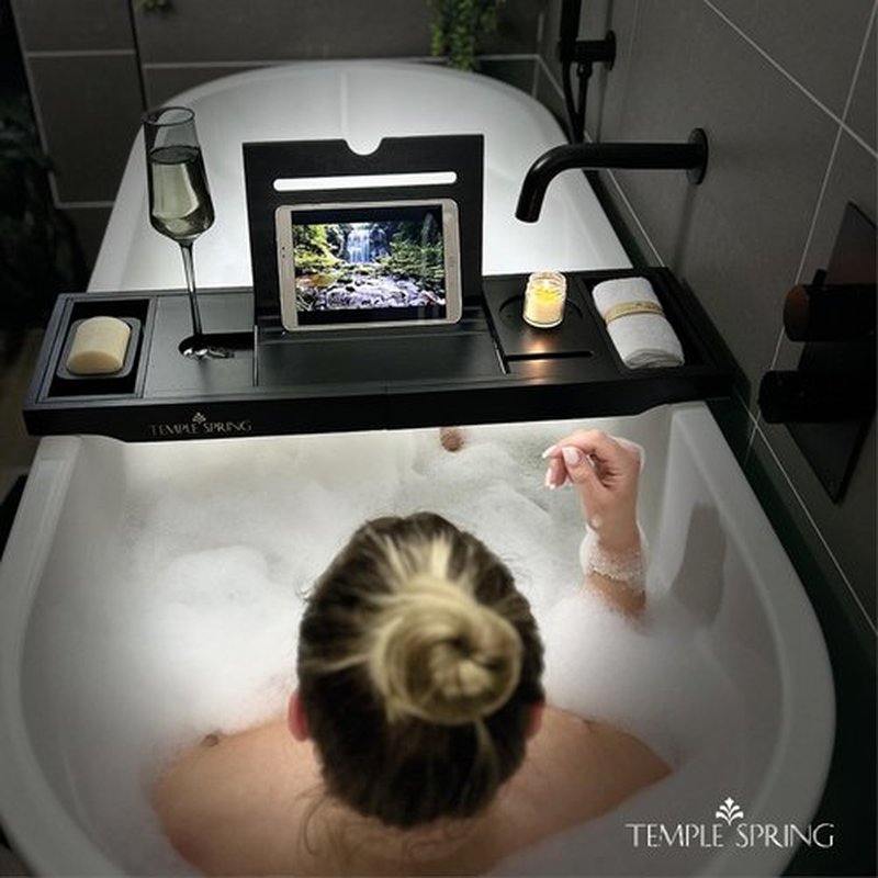 Temple Spring Bathtub Caddy Tray - Extendable Bath Tray for Bathtub with Candle, Wine Glass, Book, Pad & Phone Holders - Adjustable Bathtub Tray Over tub w/Bathroom Accessories - Black