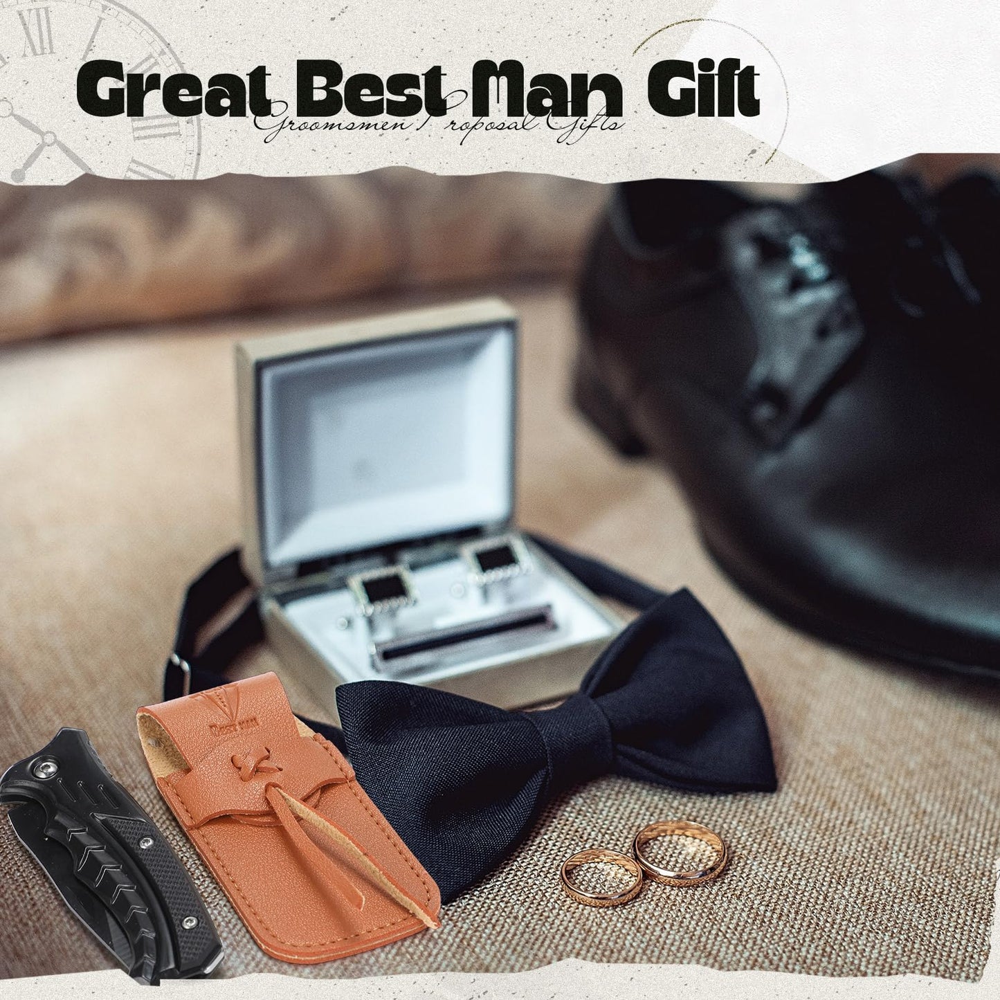 Abbylike 6 Set Groomsmen Gifts Personalized Groomsmen Knife with Leather Sheaths Mini Folding Knives Proposal Gifts for Wedding Party Favors(Classic,Black)