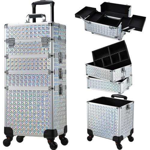 Stagiant Rolling Makeup Train Case Large Storage Cosmetic Trolley 4 in 1 Large Capacity Trolley Makeup Travel Case with Key Swivel Wheels Salon Barber Case Traveling Cart Trunk Shiny Silver