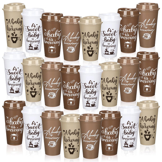 Ferrochef 24 Pcs Baby Is Brewing Cups with Lid 16 oz Babies Is Brewing Baby Shower Decorations Coffee Themed Birthday Tumblers Bulk Plastic Cups for Gender Reveal Party Supplies Guest Gift