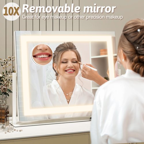 ROLOVE Vanity Mirror with Lights 22"x18", Lighted Makeup Mirror with 10X Magnification, Smart Touch 3 Colors Dimmable, 360° Rotation, White