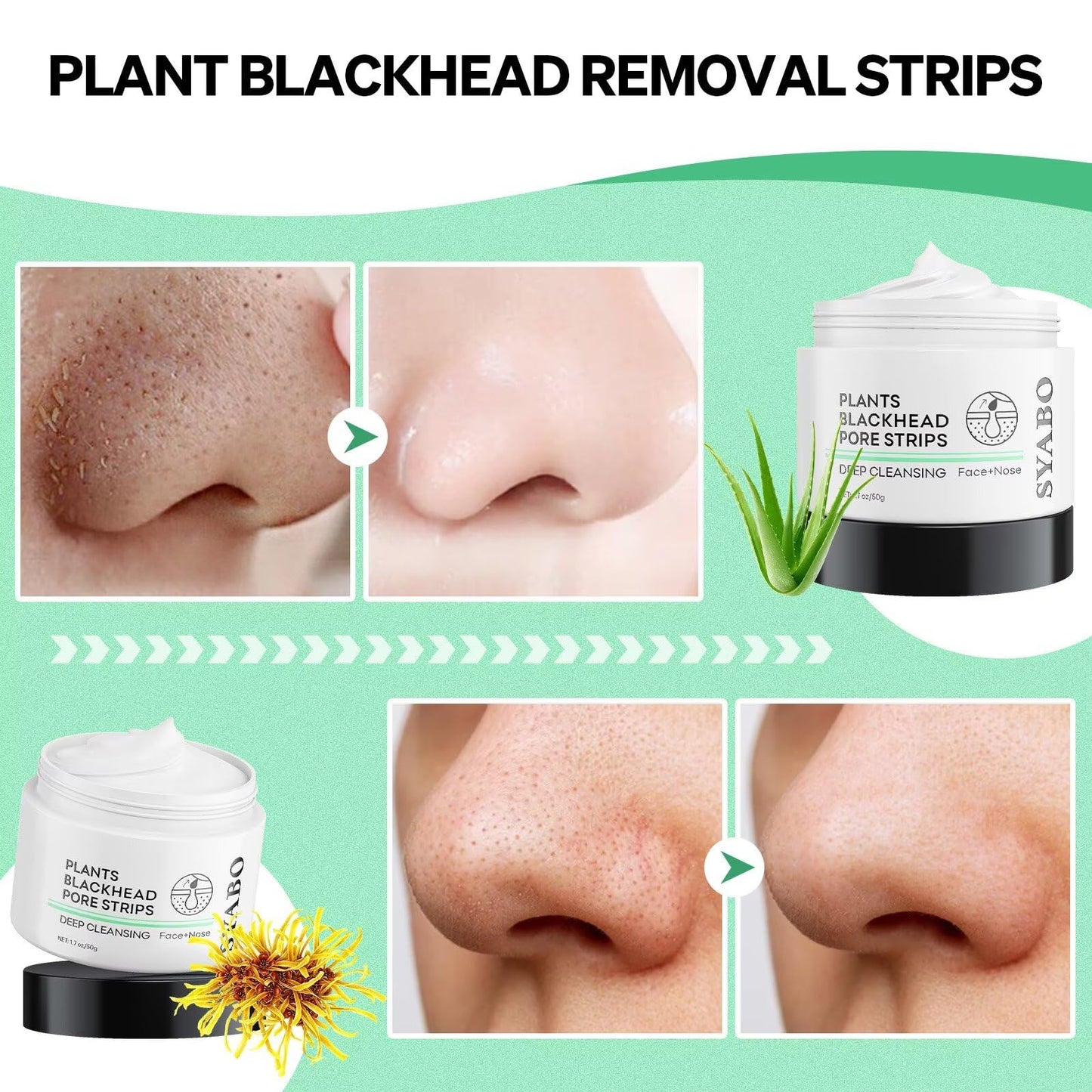 SYABO Blackhead Remover, Nose Pore Strips for Blackheads, Deep Cleansing Black Head Removal Peel Off Mask for Face with 100pcs Strips, Aloe Puntos Negros Remover, 50g