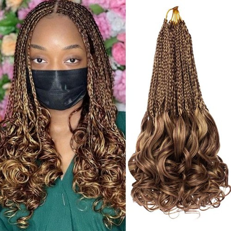RuiYok French Curl Crochet Braids 14 Inch 9 Packs Blond Mix Brown Goddess Box Braids with Curly Ends Pre Looped Synthetic Bohemian Braiding Hair for Women