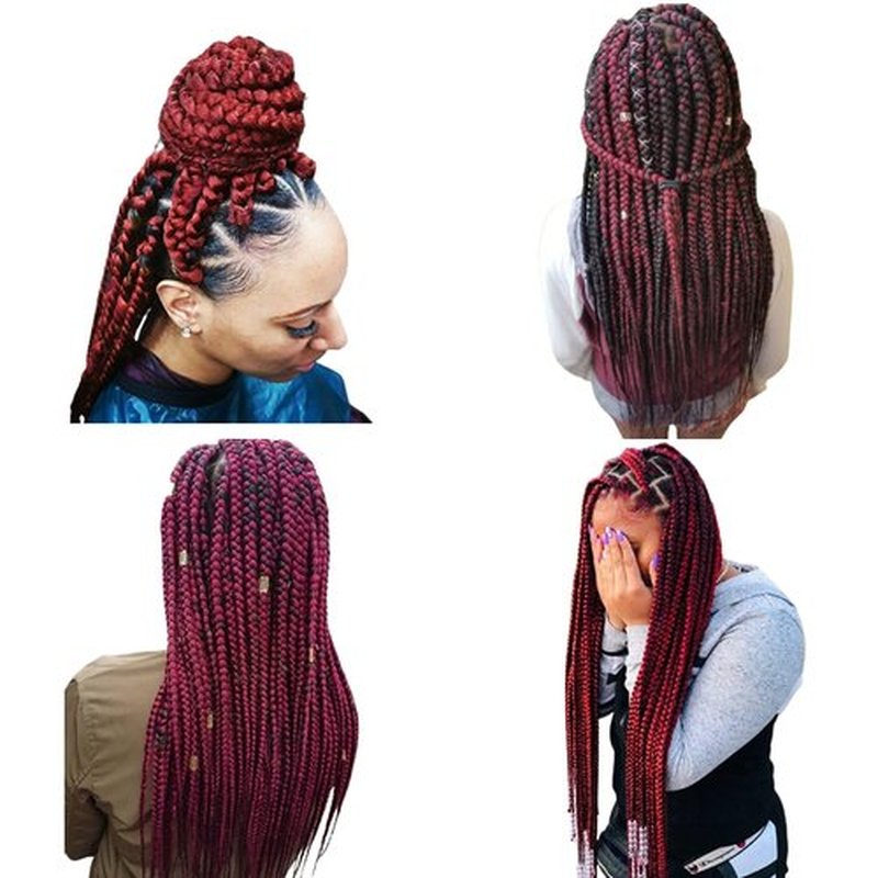 Braiding Hair Extension Jumbo Ombre Colorful for Crochet Braiding 6 Packs (High temperature, Synthetic Fiber, 24 inches) (6 Bundles, Red)