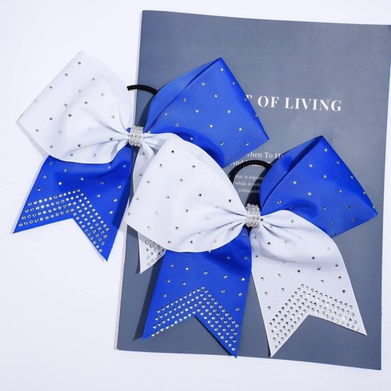 DEEKA 10 PCS Rhinestones Two Toned Large Cheer Hair Bows 7" Glitter Cheer Ponytail Holder Handmade for Teen Girls Softball Cheerleader Sports -Royal Blue/White