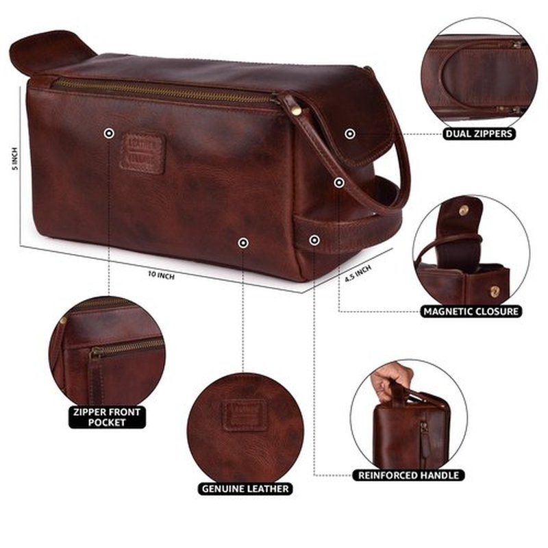 LEATHER VILLAGE Premium Leather Travel Toiletry Bag - Unisex Water-Resistant Travel Dopp Kit, Shaving & Cosmetic Organizer for Men & Women - Compact Bathroom Essentials - Cherry Brown
