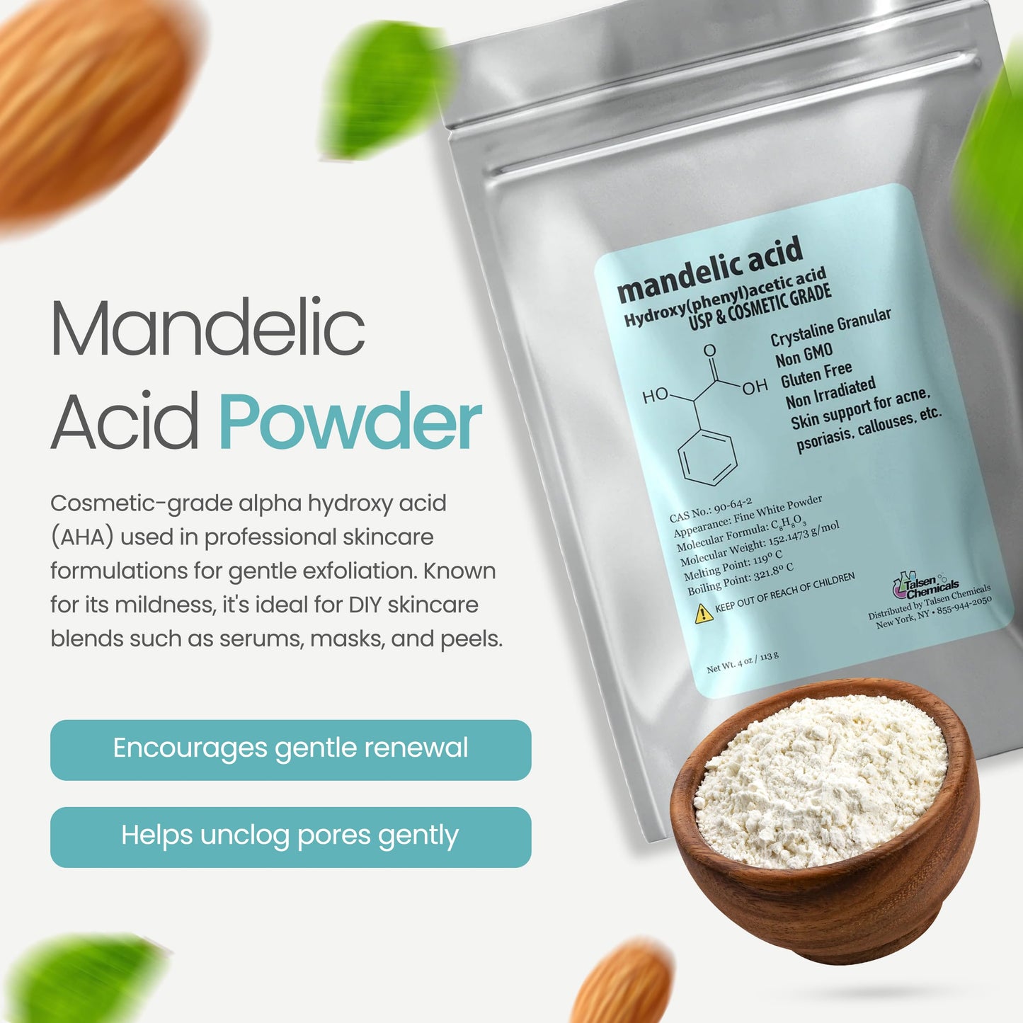 Talsen Chemicals Mandelic Acid Powder 99.9% Purity, DIY Cosmetic Grade For Mandelic Acid Serum, Peel/Mask or add to Cream, Moisturizer (8 Ounce / 226 Gram)