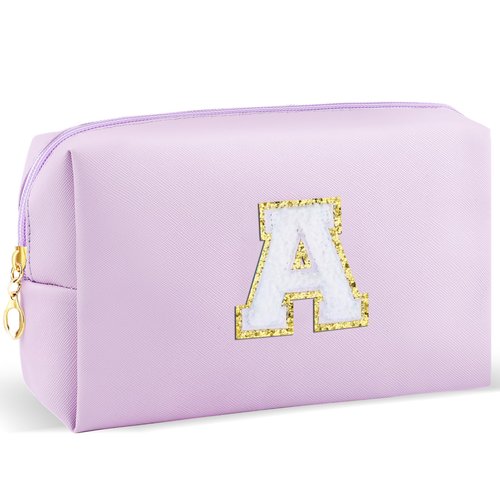 URSKYTOUS Gifts for Girls Initial Makeup Bag Personalized Cosmetic Bag with Zipper Cute Travel Toiletry Bag Waterproof PU Preppy Makeup Pouch Birthday Gift for Teen Girls Women(Purple A)