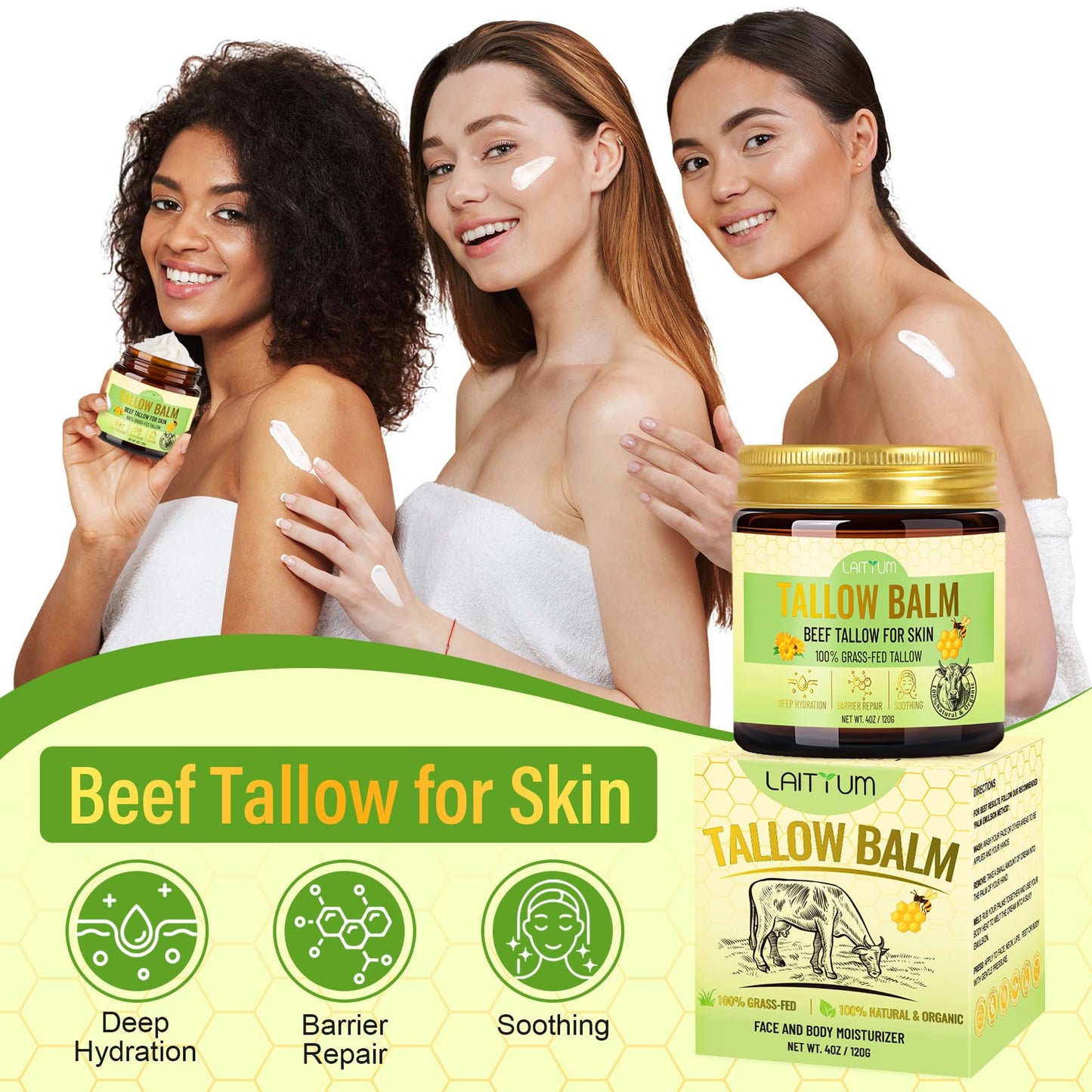 LAITYUM Beef Tallow for Skin -4oz Organic Tallow and Honey Balm for Face Moisturizer,100% Grass Fed Beef Tallow Cream,Natural Whipped Tallow Balm Deeply Nourishment for Body Dry,Cracked,Sensitive Skin