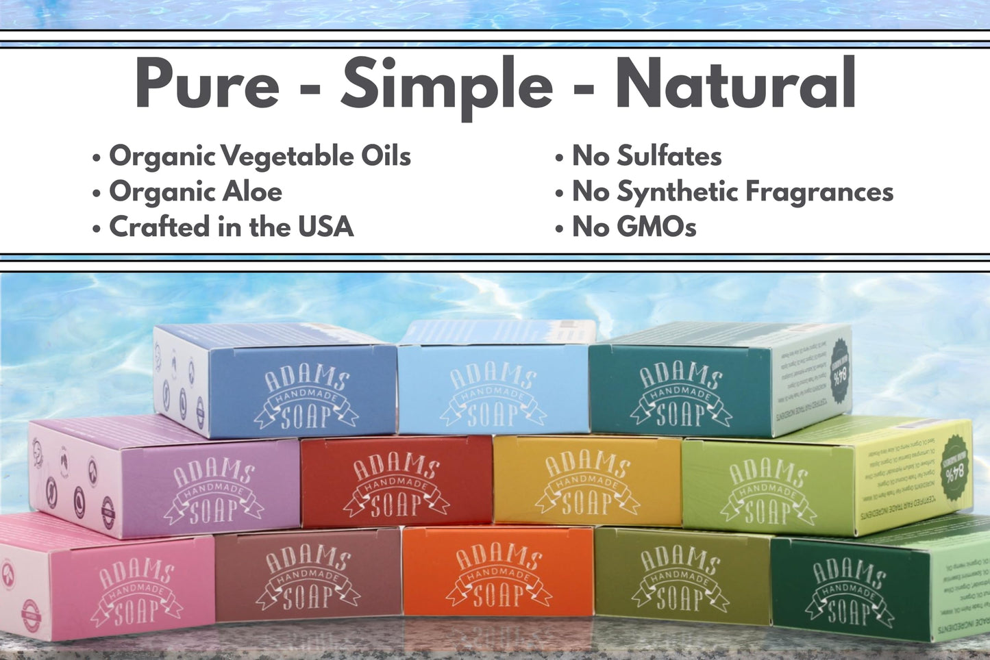 Adams Handmade Soap Variety Pack – 4 Bar Set: Tea Tree, Eucalyptus Spearmint, Patchouli, Lemon Sage | Vegan, Cold Process, 84% Organic, Essential Oils, USA Made