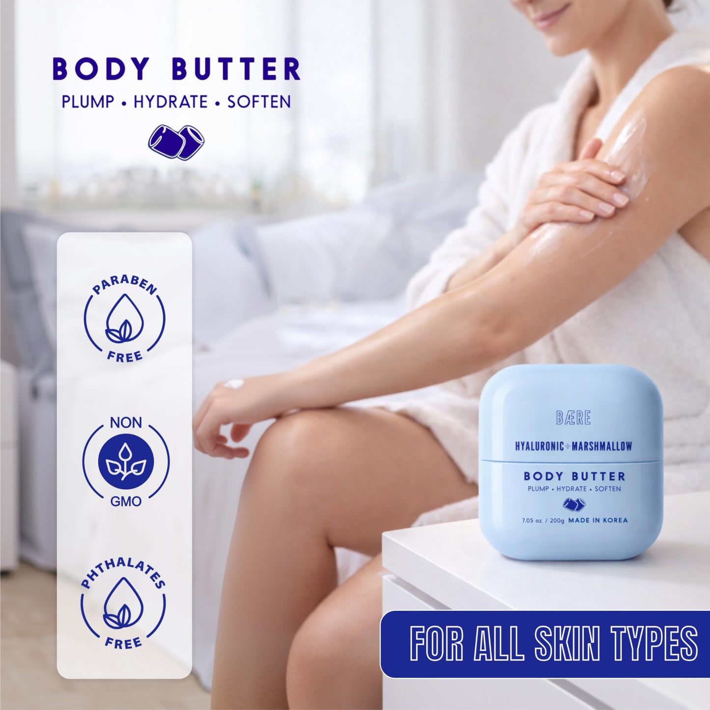 Baere Hyaluronic Acid Body Butter With Marshmallow - Dermatologist Tested, Anti Aging, Korean Skin Care - Deep Hydration, Smoother, Plumper, Dewy Skin - Vegan, Clean Beauty - 7.05 Oz