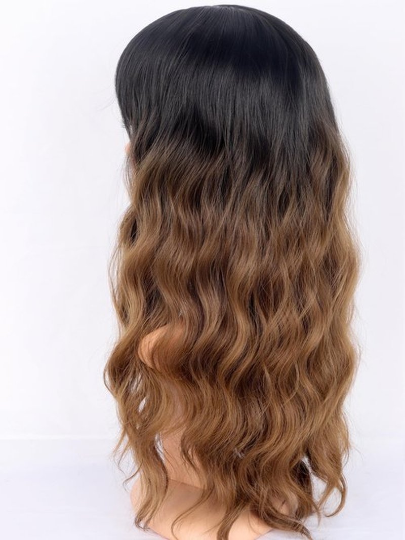 SYMEIW Ombre Brown Wavy Wigs with Bangs for Women Medium Long Brown Synthetic Wigs Natural Wavy Black To Brown Wigs Heat Resistant for Daily Party Use