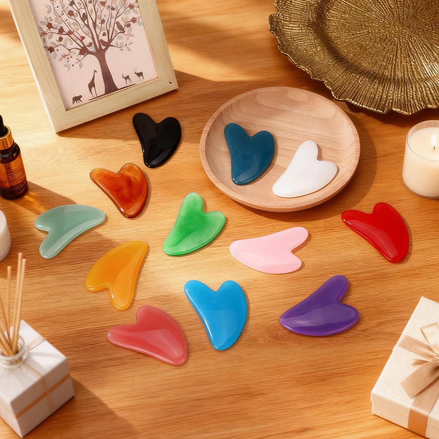 Tasdurian 120 Pcs Gua Sha Facial Tools Bulk Resin Gua Sha Massage Tool Heart Shaped Guasha Stone Board for Woman Face Acupuncture, Jawline Sculpting, Puffiness Reducing, Skin Care Gift, 12 Colors