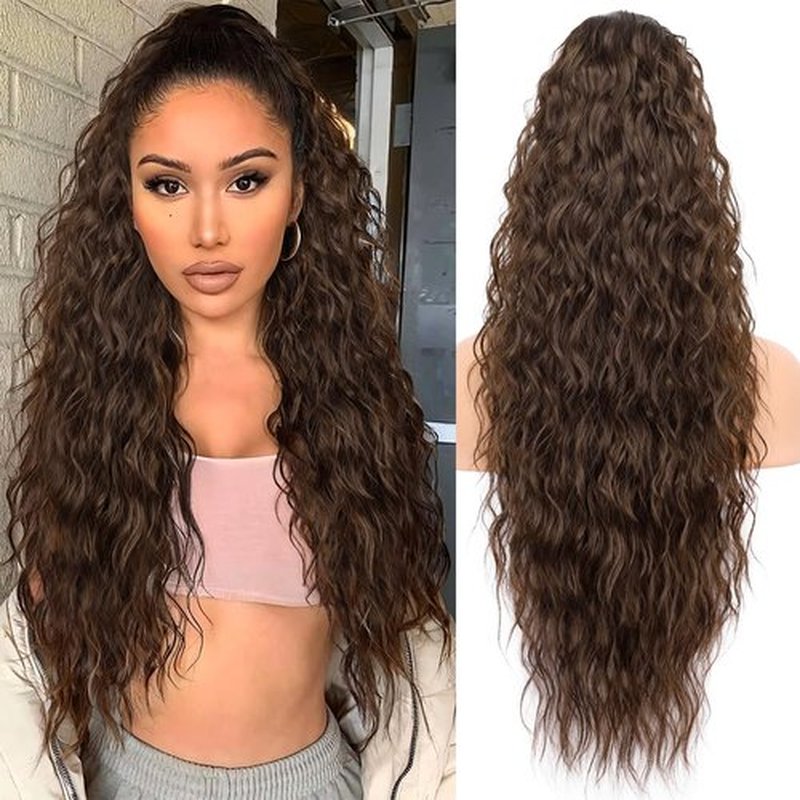 KooKaStyle Ponytail Extensions, 30 Inch Drawstring Clip-on Long Wavy Ponytail Synthetic Curly Hairpieces for Women and Girls (30 Inch, Medium Brown)