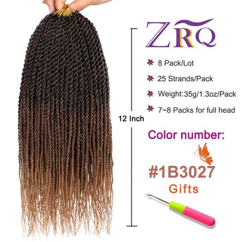 ZRQ 8 Packs Senegalese Twist Crochet Hair 12 Inch Ombre Brown Pre Looped Short Crochet Braids, Pre Twisted Small Havana Twist, Synthetic Braiding Hair for Women Girl Kids（1B3027#)