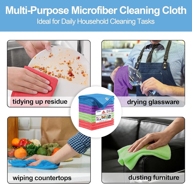 Microfiber Cleaning Cloths - 12 Pack Lint-Free Reusable Towels | 12" x 11" for Home & Kitchen Cleaning