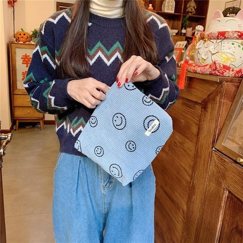 Cosmetic Bags for Women - Corduroy Cosmetic Bag Aesthetic Women Handbags Purses Smile Dots Makeup Organizer Storage Makeup Bag Girls Case Bags (Blue)
