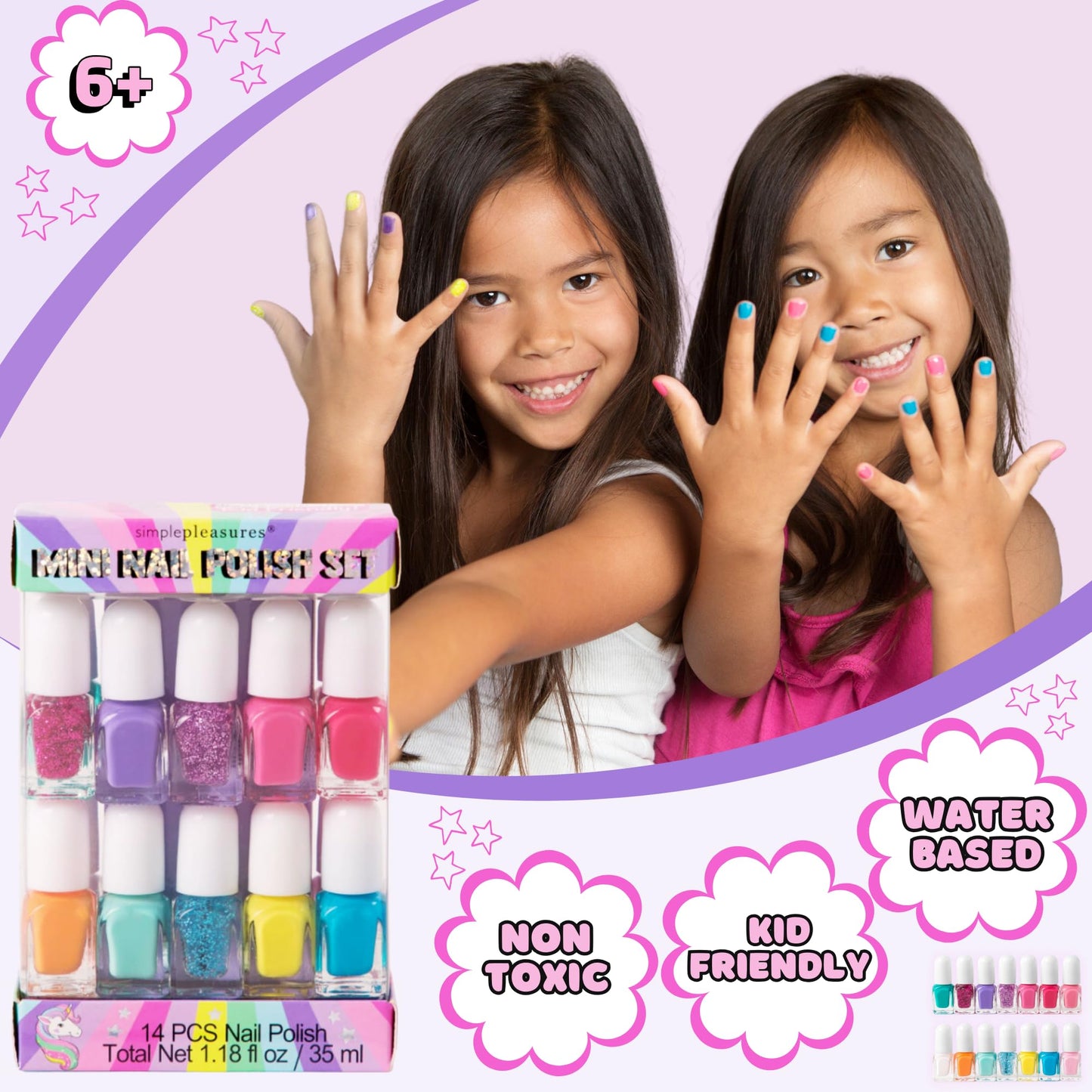 SIMPLE PLEASURES Rainbow Glitter Kids Nail Polish Set for Girls – 14 Water-Based Non -Toxic Nail Art Kit - Gift Set for Ages 7-12