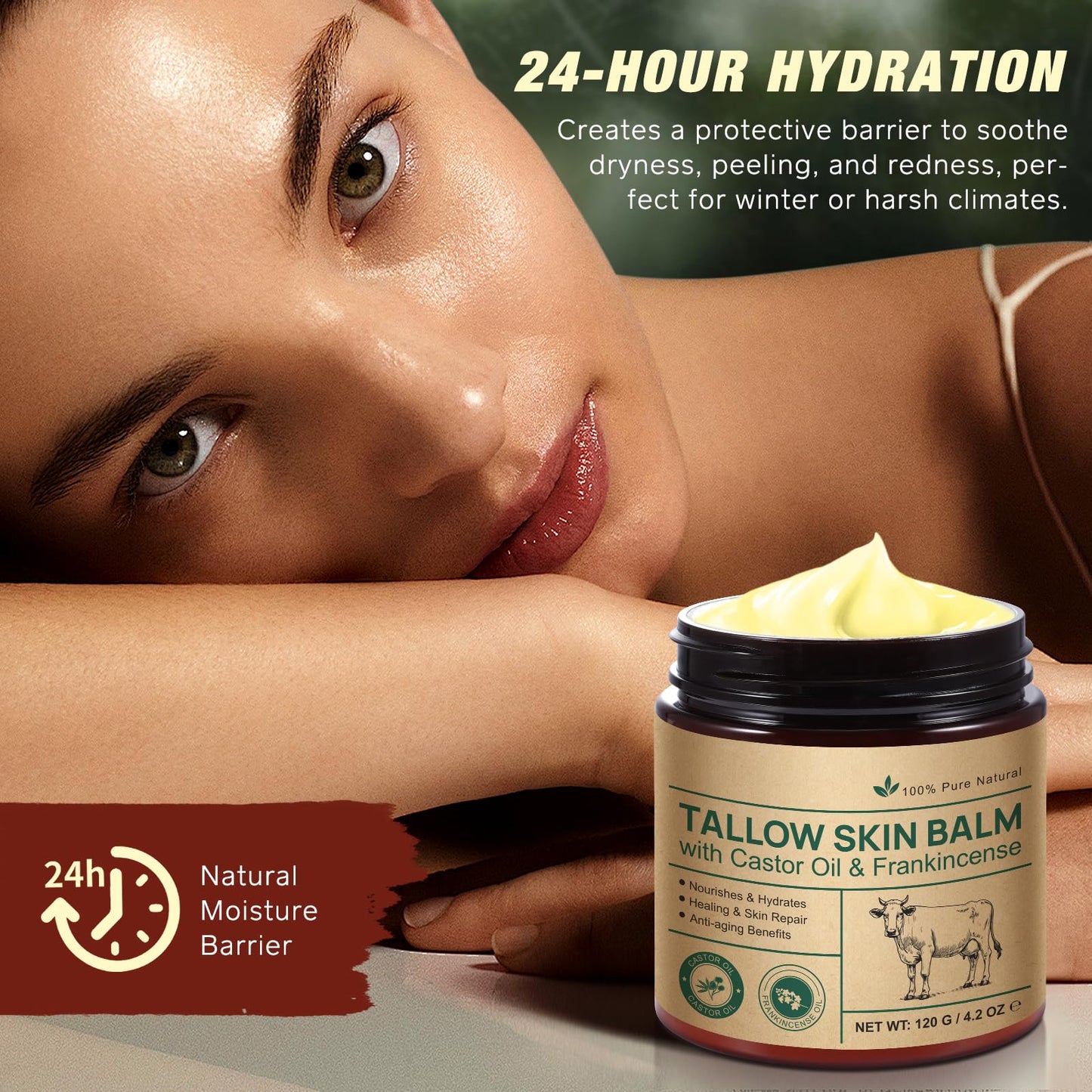NVXNMSD Beef Tallow, Castor Oil, and Frankincense Oil Skin Balm - 100% Grass-Fed Tallow for Skin Care - Face & Body Moisturizer for Sensitive Skin, Deeply Moisturizing & Nourishing - 4.2 oz