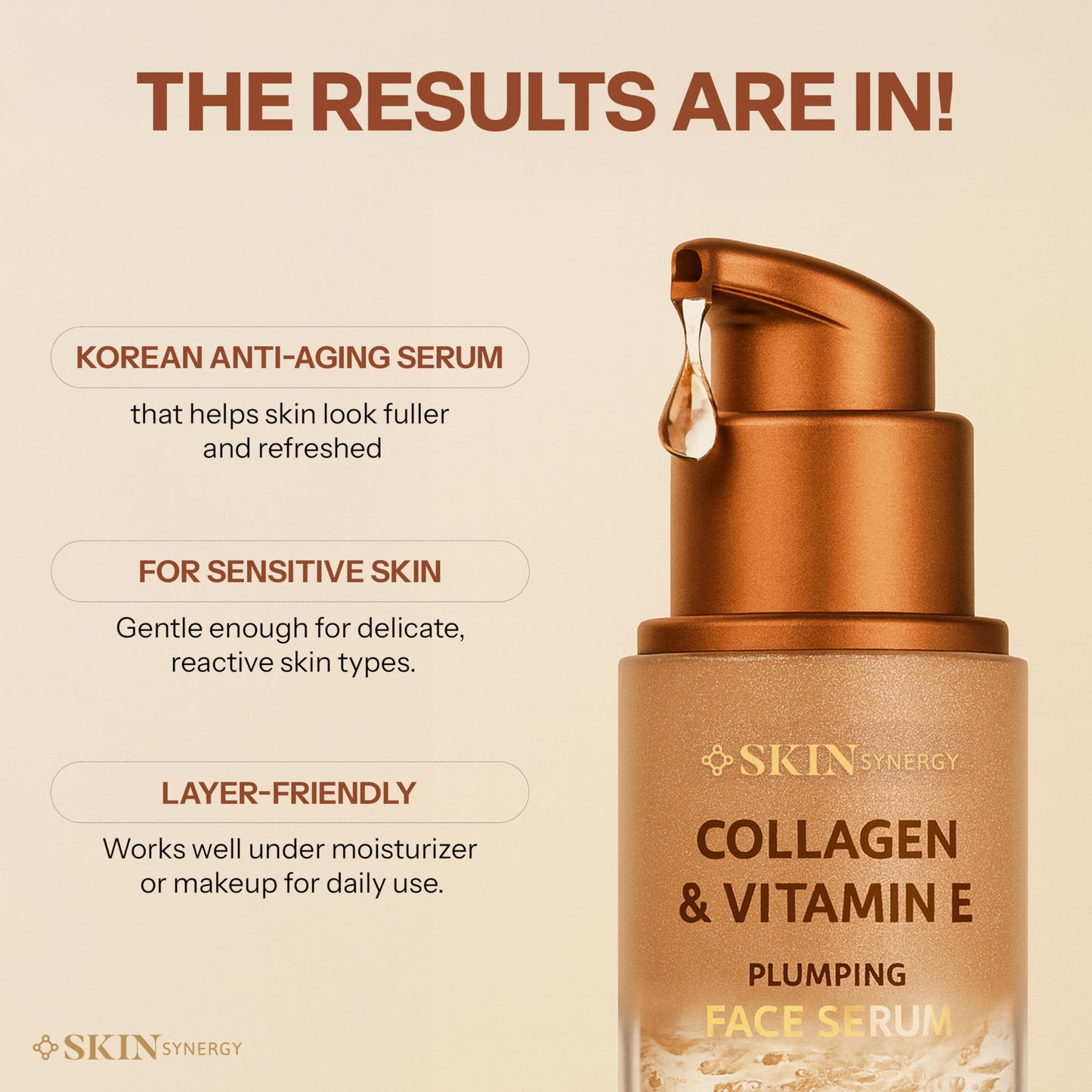 Skin Synergy Collagen & Vitamin E Face Serum – Hydrating, Firming & Nourishing Formula – Dermatologist Tested, Anti-Aging, Korean Skin Care – Clean Beauty, Cruelty Free, Vegan – 1.69 Fl Oz