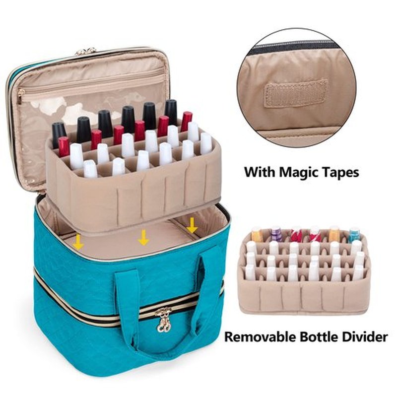 Yarwo 3 Layers Nail Polish Organizer Holds 48 Bottles (15ml/0.5 fl.oz), Detachable Nail Polish Case with Adjustable Dividers, Travel Case for Manicure Set, Teal (Bag Only, Patent Pending)