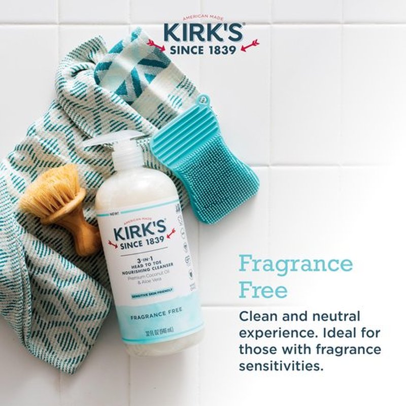 Kirk's 3-in-1 Head to Toe Nourishing Liquid Cleanser- for Men, Women & Children - Premium Coconut Oil & Aloe Vera- Non GMO & Vegan -Fragrance Free - 32 Fl Oz. - 2 Pack
