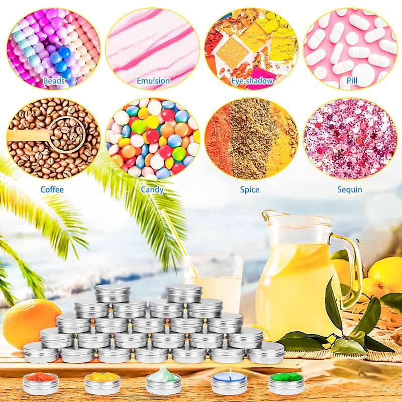 MotBach 24 Pack 0.5oz Tin Jars, 15ml Metal Tin cans, 1/2 Ounce Aluminum tin can jar Containers with Lid for Lotion Bars, Beard Balm, Spices, Salve, Balms, Toiletries, Creams, Samples, Makeup Cosmetic